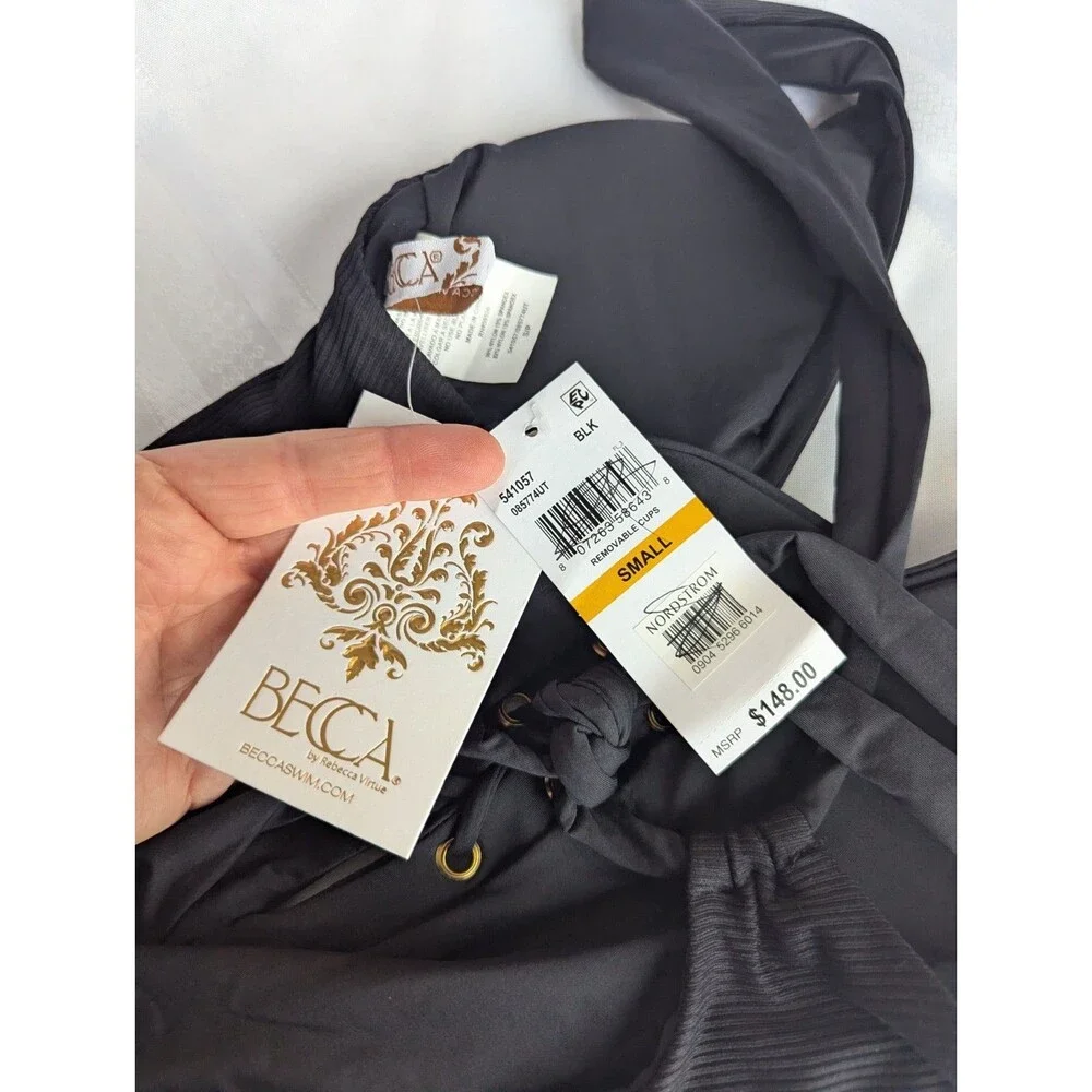 NWT Becca by Rebecca Virtue One Piece Swimsuit Black Lace Up Plunge Size Small
